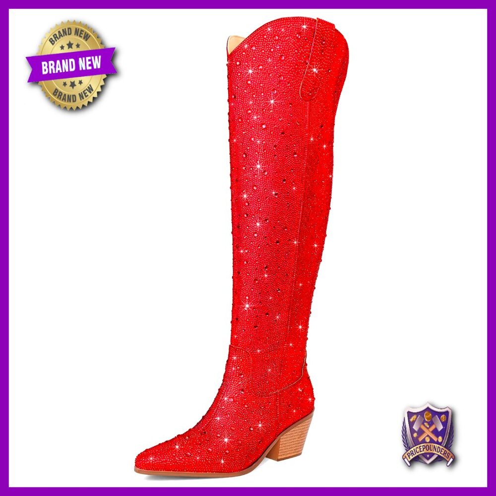 Sparkly Rhinestone Over The Knee Cowboy Boots Western Pull-On Chunky Heel